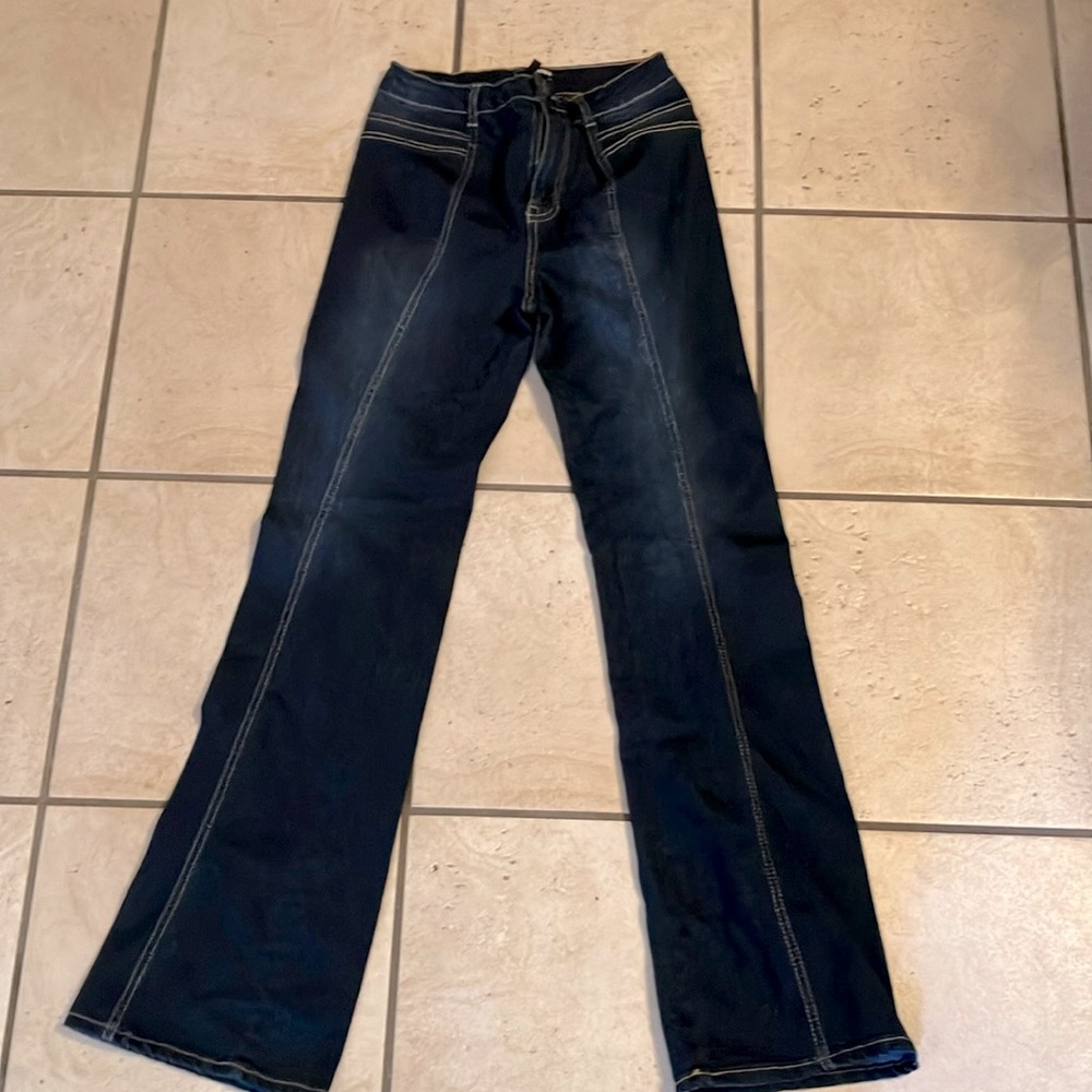 Fashion Nova Dark Blue Flare Jeans with Contrast Stitching